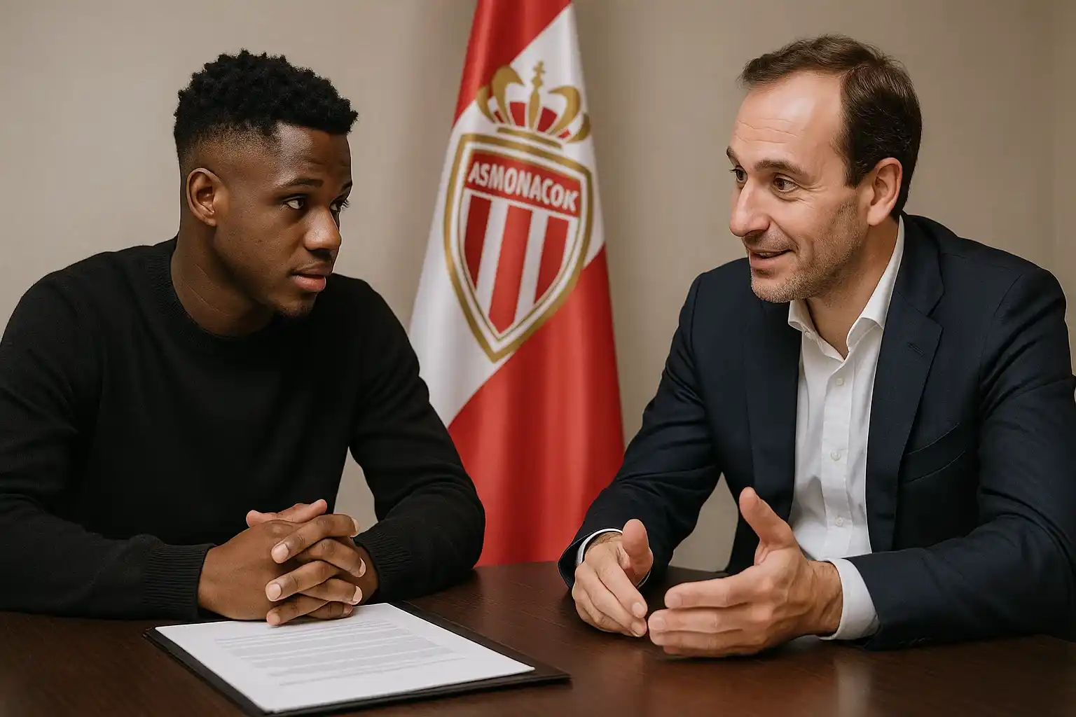 Hình ảnh Ansu Fati hội ý cùng đại diện Monaco trước ký kết.